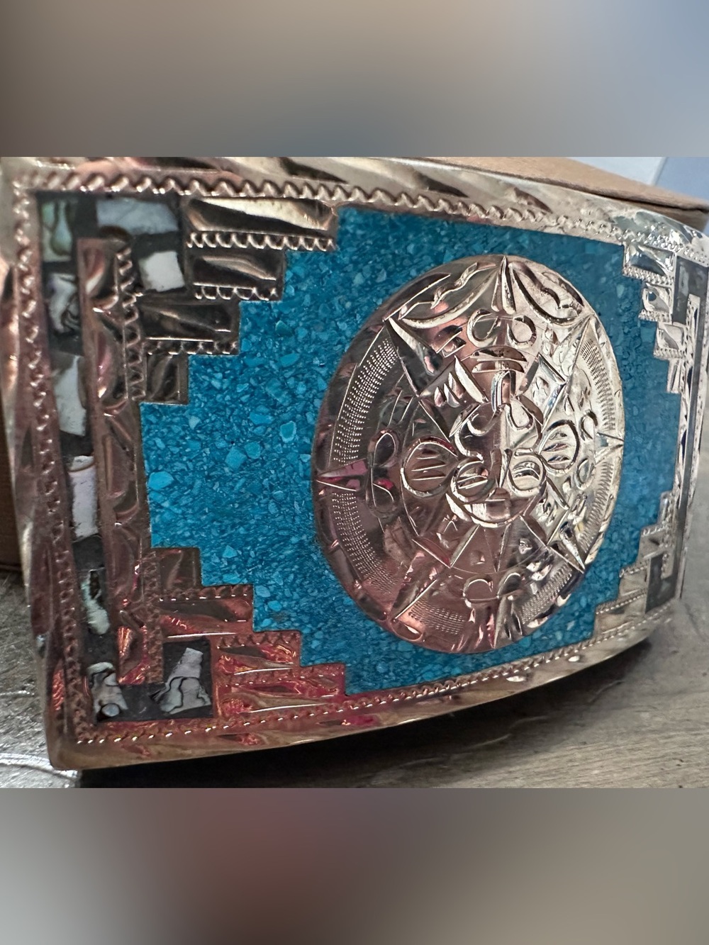 Vintage 925 Sterling Silver Plata De Jalisco Turquoise Abalone Belt Buckle
